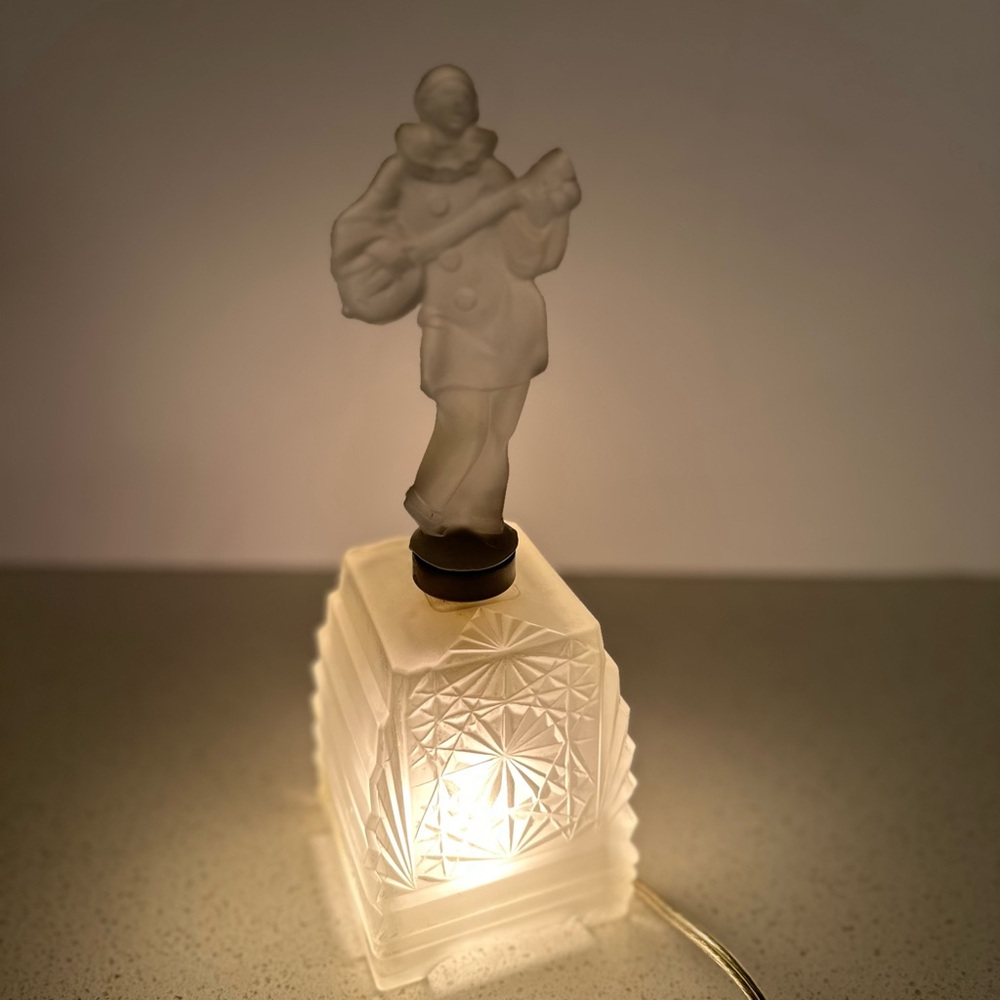 Rare 1920s Art Deco / Nouveau Frosted Glass Jester / Mime Musician Table Lamp